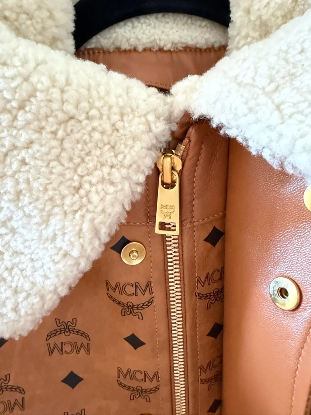 MCM Cognac Brown Leather Bomber Jacket with Shearling Collar - Picture 3 of 6